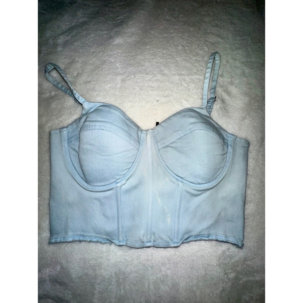 Say What? Denim Bustier Crop Top Adjustable Straps Light Blue Medium
